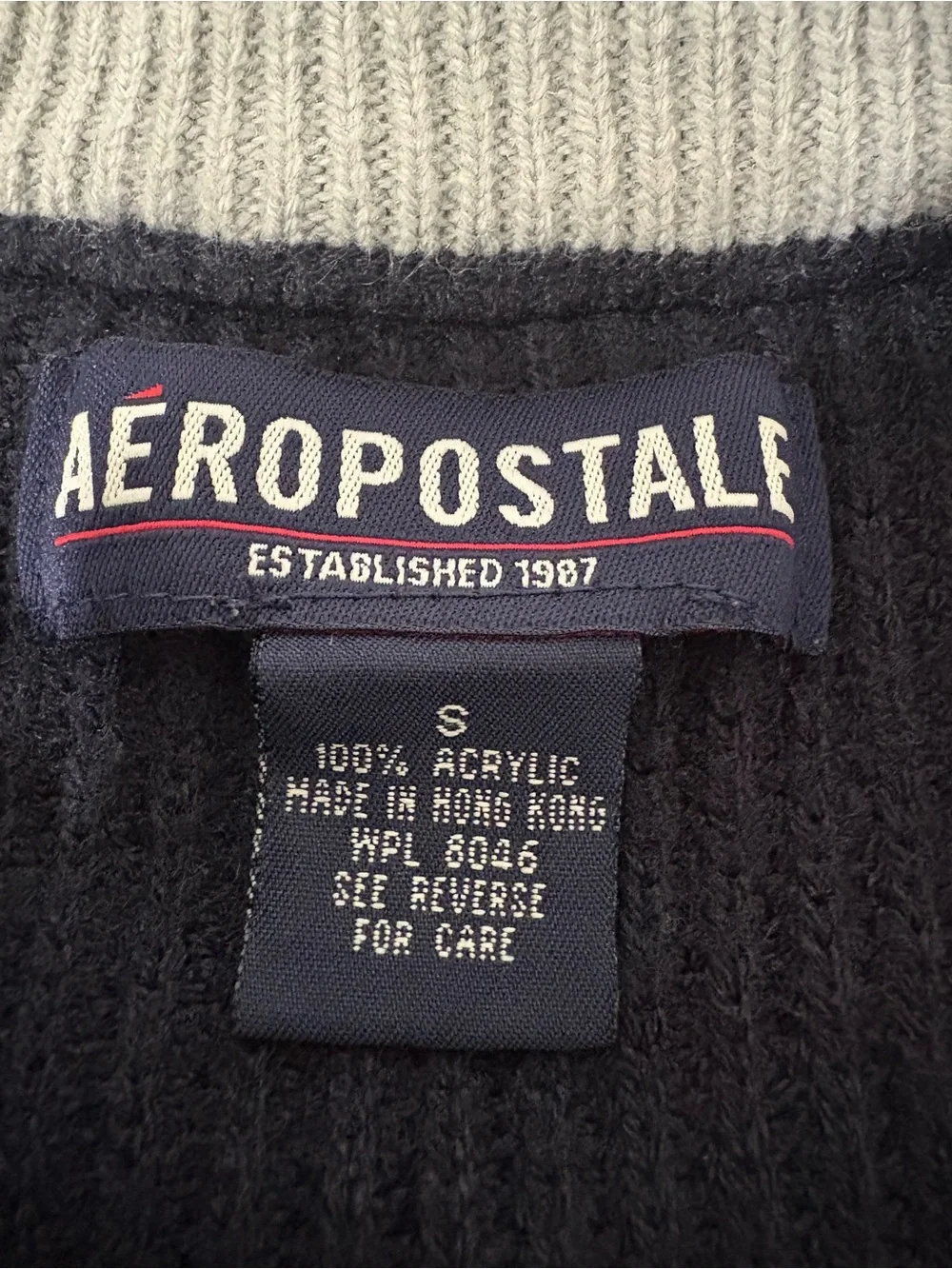 Aeropostale Men's Blue Ribbed Crewneck Sweater with Yellow & Gray Stripe